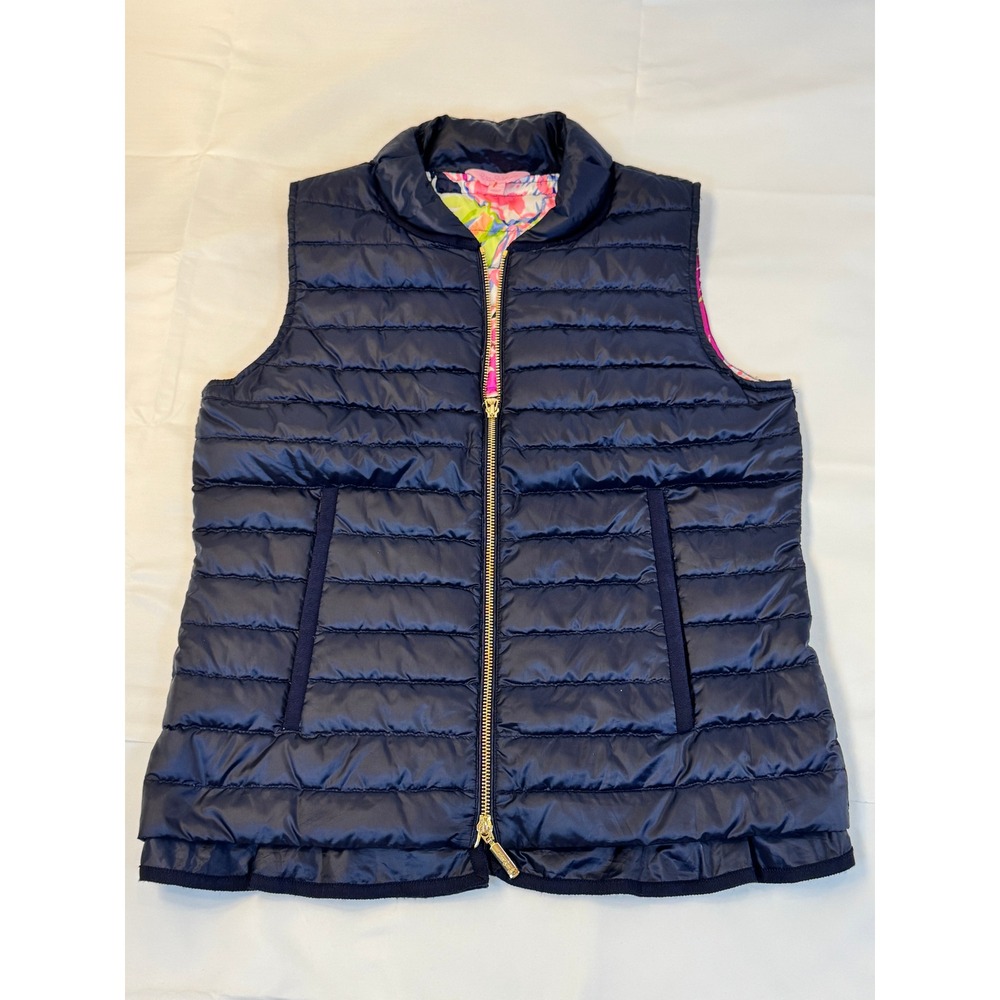 Lilly Pulitzer Navy‎ Puffer Vest Floral Lining Down Fill Gold Tassel Small GUC